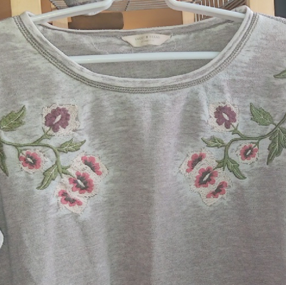 Lucky Brand Pink and Gray Crew Neck Sweater with Floral Embroidery - Picture 3 of 5